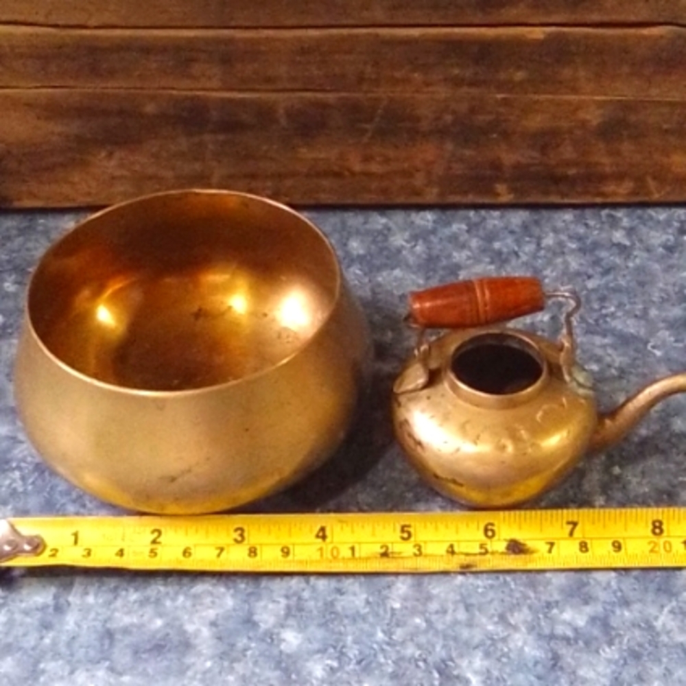 Brass singing bowl and mini teapot